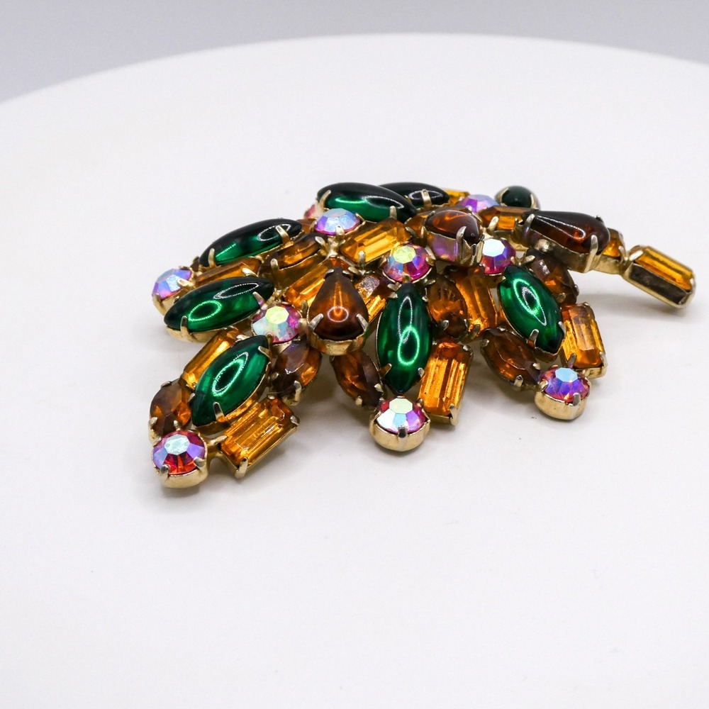 Vintage Rhinestone Leaf Extra Large 3.3" Gold & Green Statement Brooch Pin - Picture 3 of 12